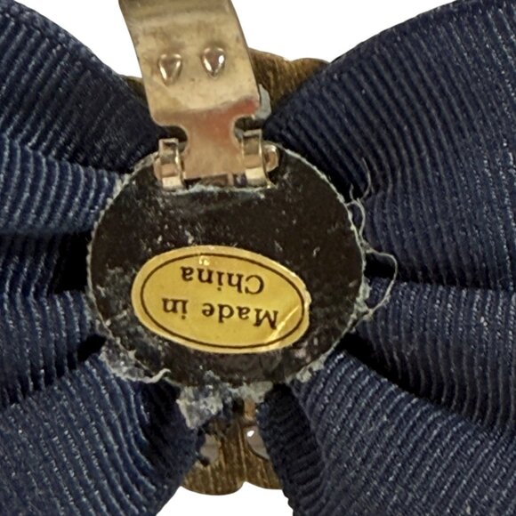 Vintage Shoe Clips Bows 2.25” Navy Blue Ribbon Brass Tone Metal Ring Set Of 2 - Picture 11 of 14
